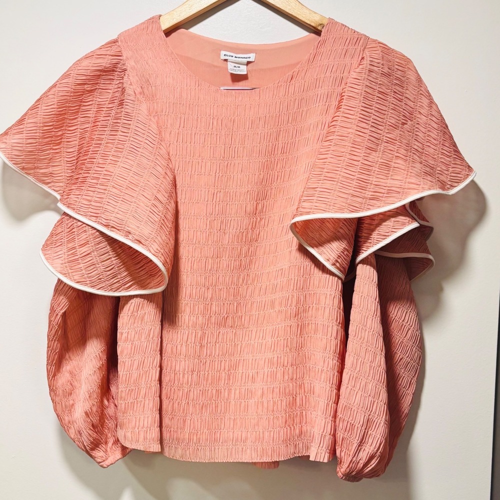 Club Monaco Blouse Womens Medium Coral NWOT Ruffle Sleeve Smocked Piping Top